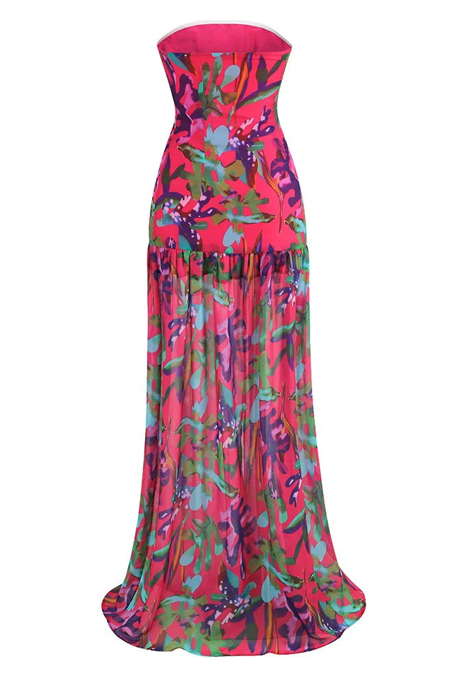 Pam Printed Stroppeløs Slit Maxi Dress