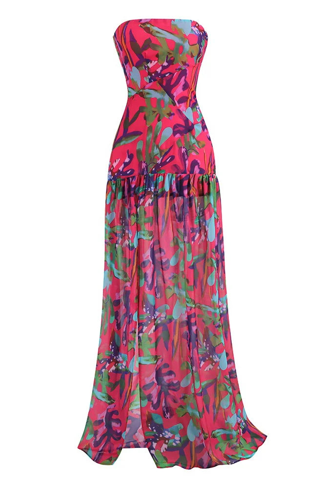 Pam Printed Stroppeløs Slit Maxi Dress