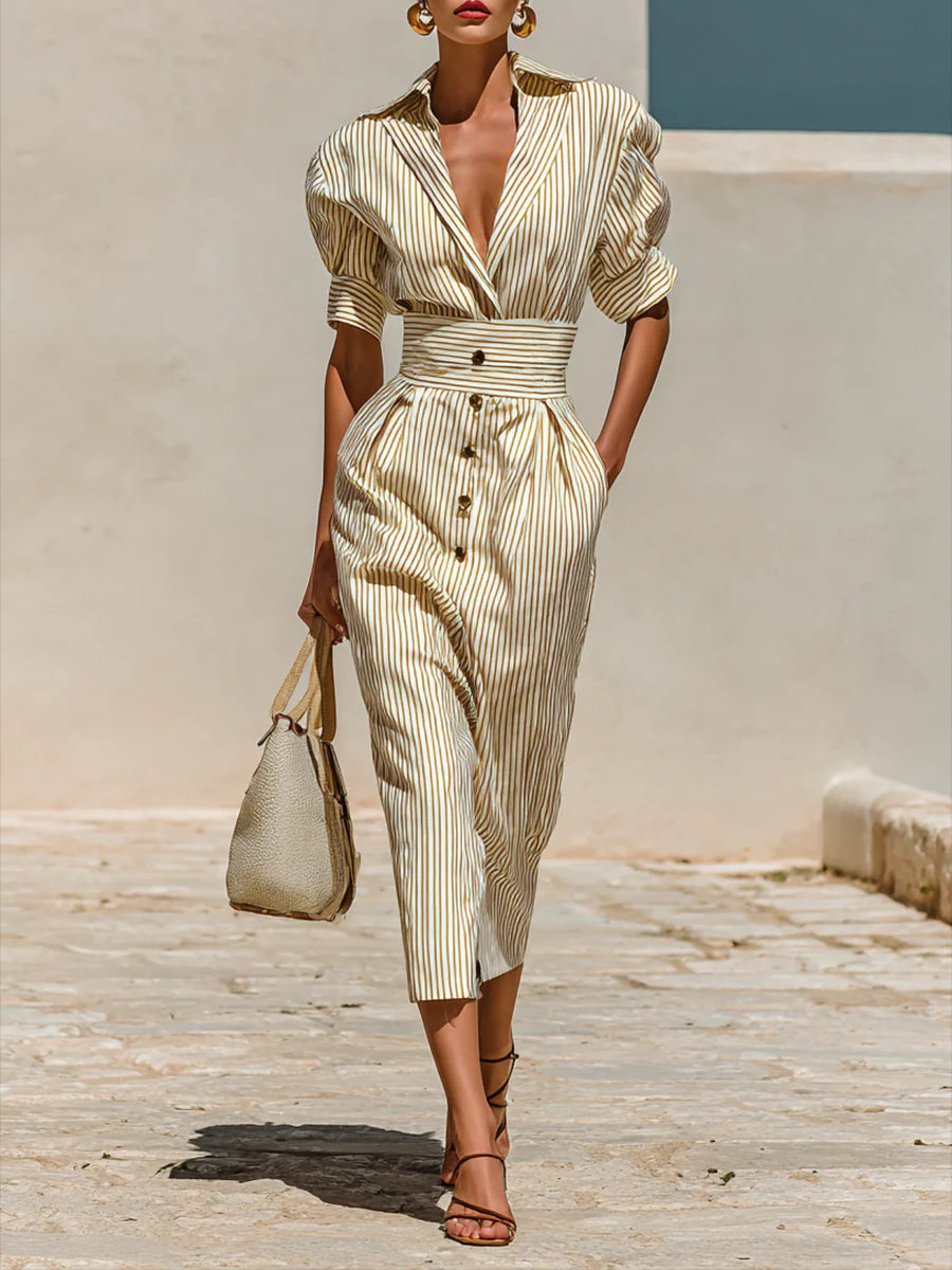 Gestreiftes Midi-Kleid mit Revers, kurzen Ärmeln und Taillierung