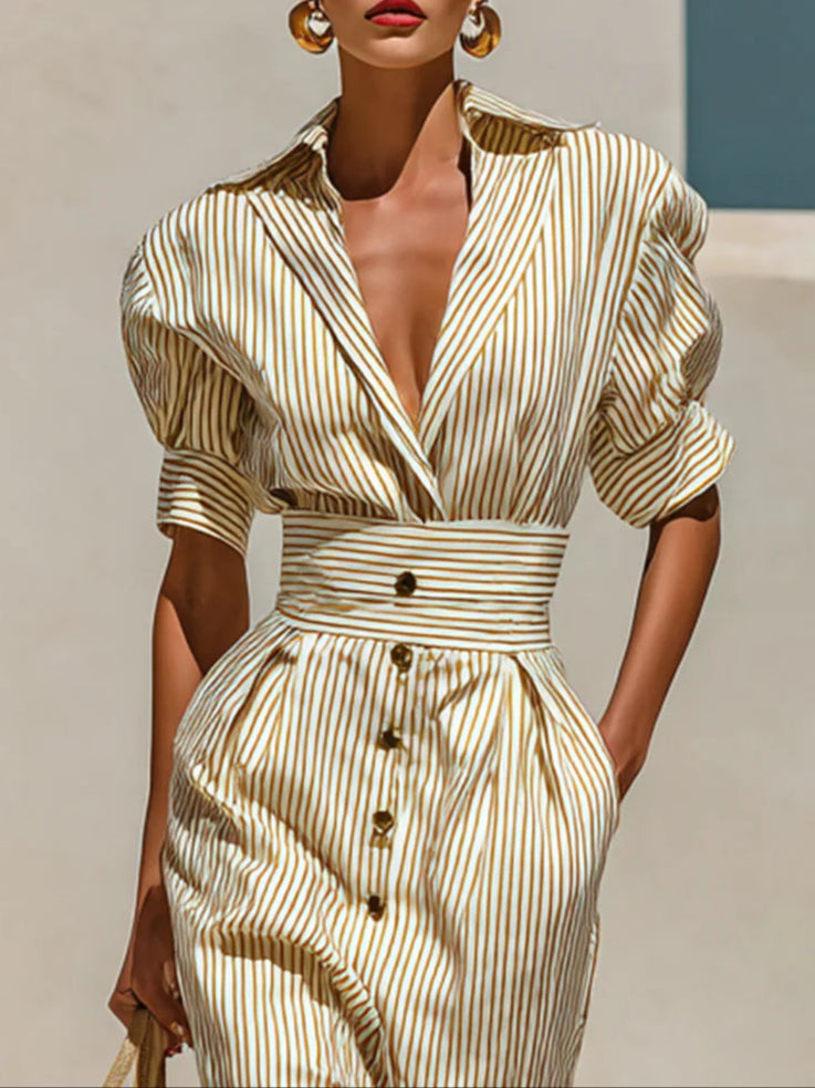 Gestreiftes Midi-Kleid mit Revers, kurzen Ärmeln und Taillierung