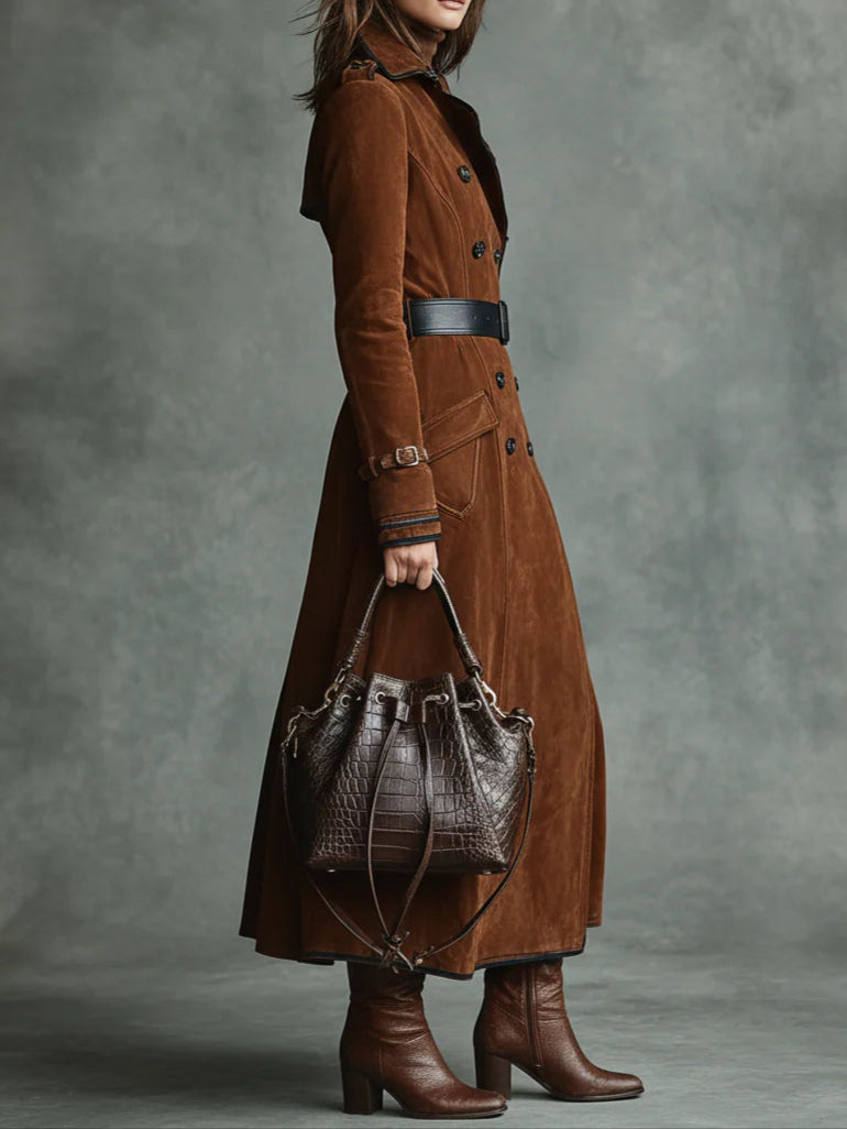 Cappotto lungo doppiopetto con rever, rifiniture in suede e nero