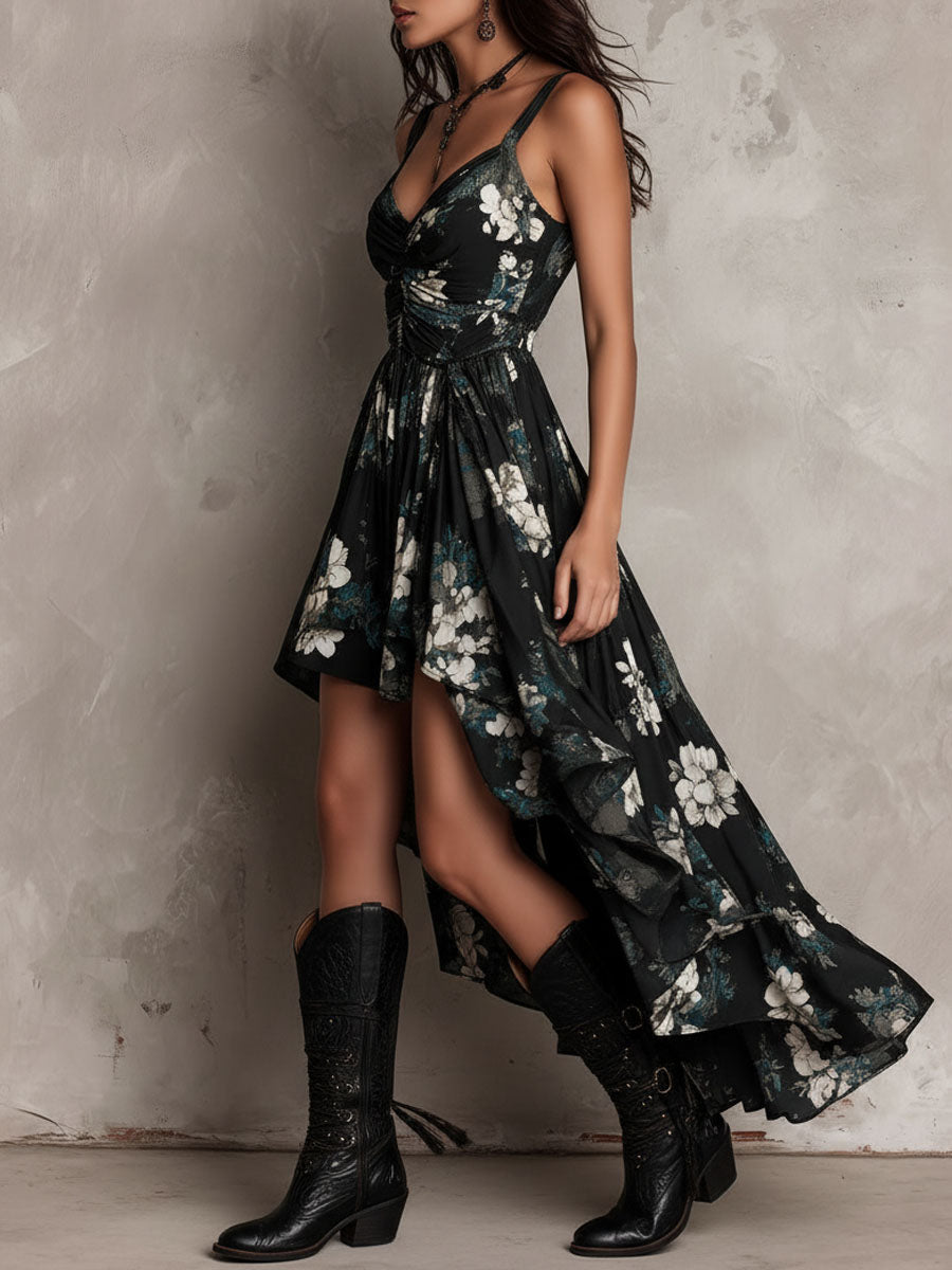 Czarna boho sukienka maxi bez ramiączek z nieregularnym kwiatowym wzorem