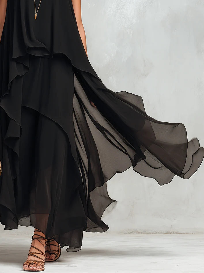 Robe longue noire en mousseline à volants, col rond, sans manches