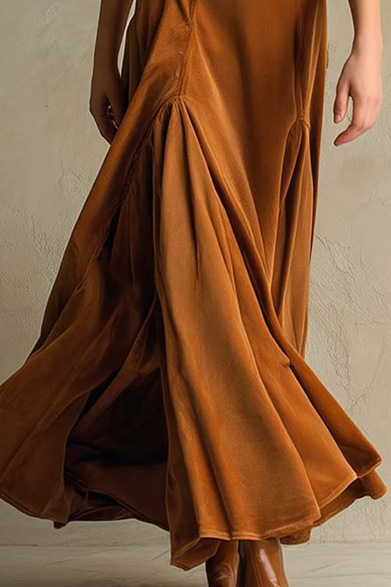 Brown Elegant Retro Suit Collar Velvet Long Dress