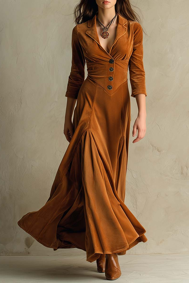Brown Elegant Retro Suit Collar Velvet Long Dress