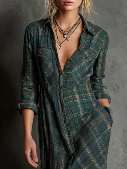 Vestido largo de camisa de solapa con estampado de cuadros verdes y cierre de un solo botón
