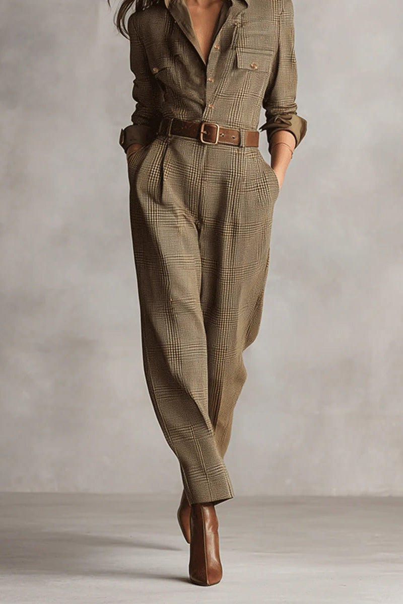 Brown Sophisticated Tweed Texture Plaid Utility Jumpsuit
