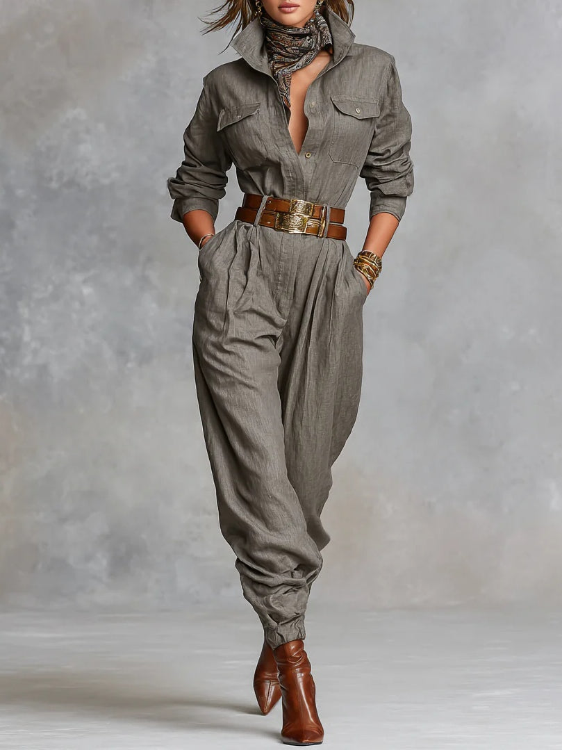 Langermet jumpsuit i bomulls- og linblanding