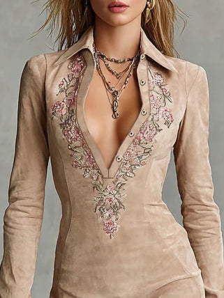Beige Slim Suede Neck Floral Lapel Midi Dress