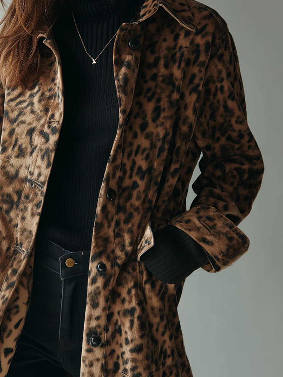 Veste vintage en suédine écologique imprimé léopard marron