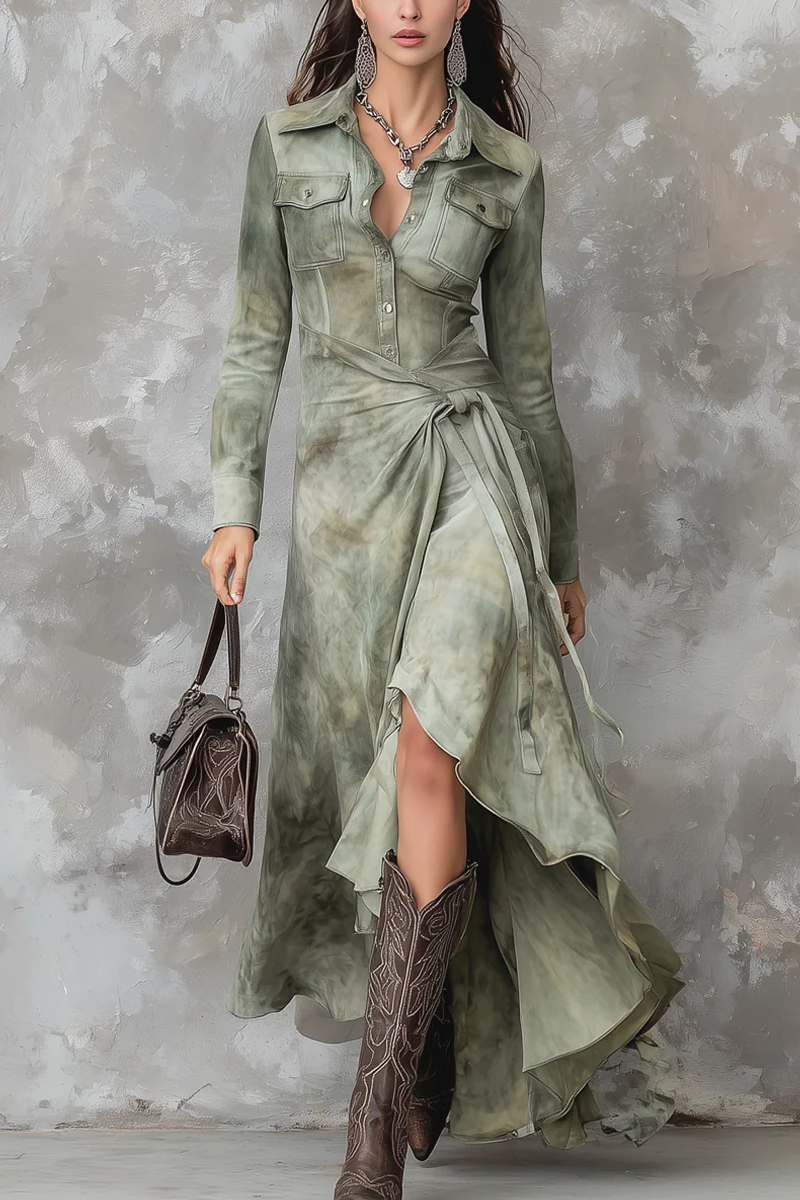 Vintage Sage Green Tie-Dye Pocket Slim Suede Maxi Dress