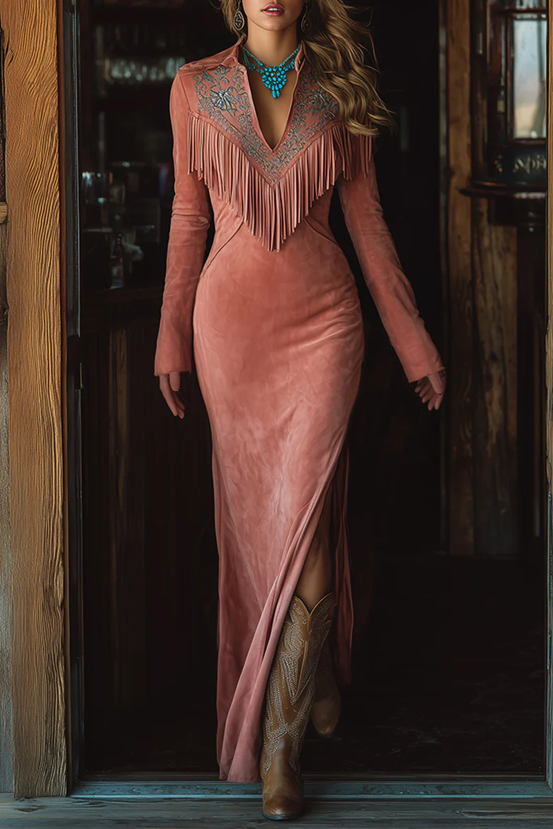 Vintage Western Tassel Embroidered Pink Faux Suede Maxi Dress