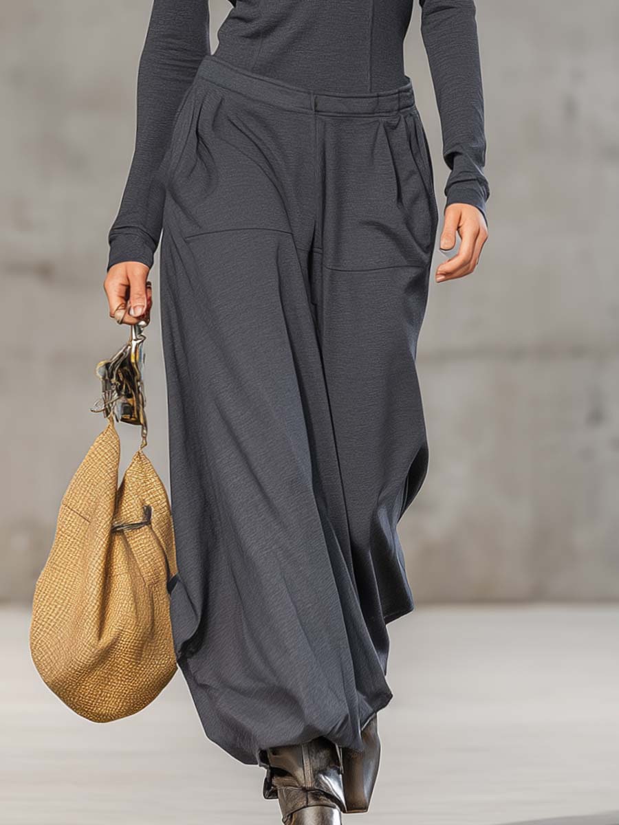 Set sport casual retro gri închis, bluză cu guler semi-înalt și fermoar frontal, mâneci lungi și pantaloni largi