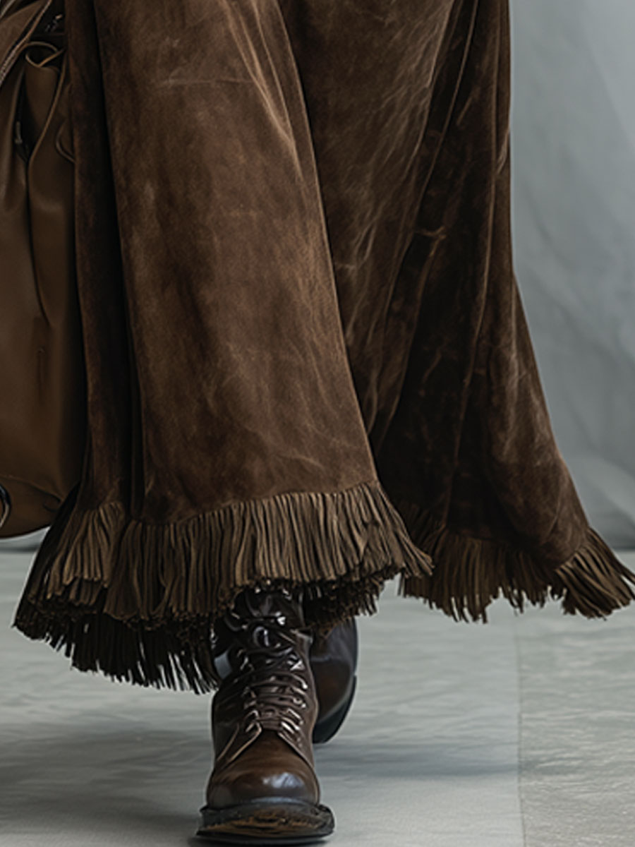 Casual vintage rok van kunstsuède in cacao bruin met kwastjes
