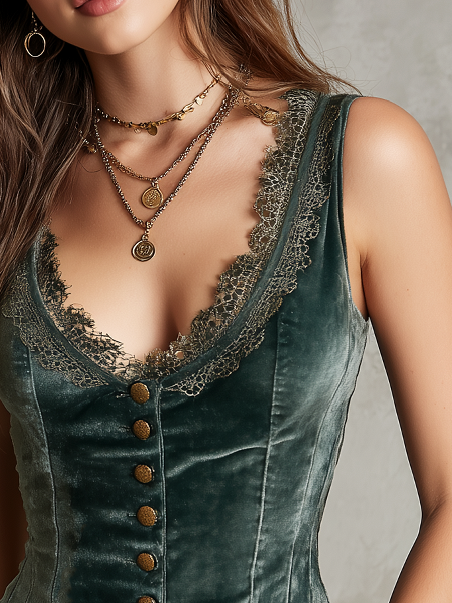 Gilet vintage sans manches en velours avec col en dentelle