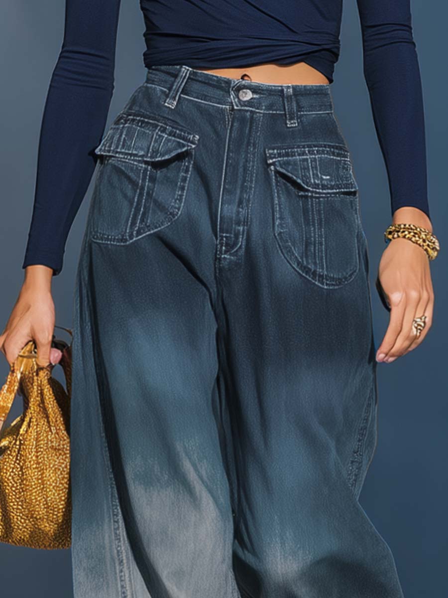 Casual mode gradient gewassen denim blauwe grijze losse broek