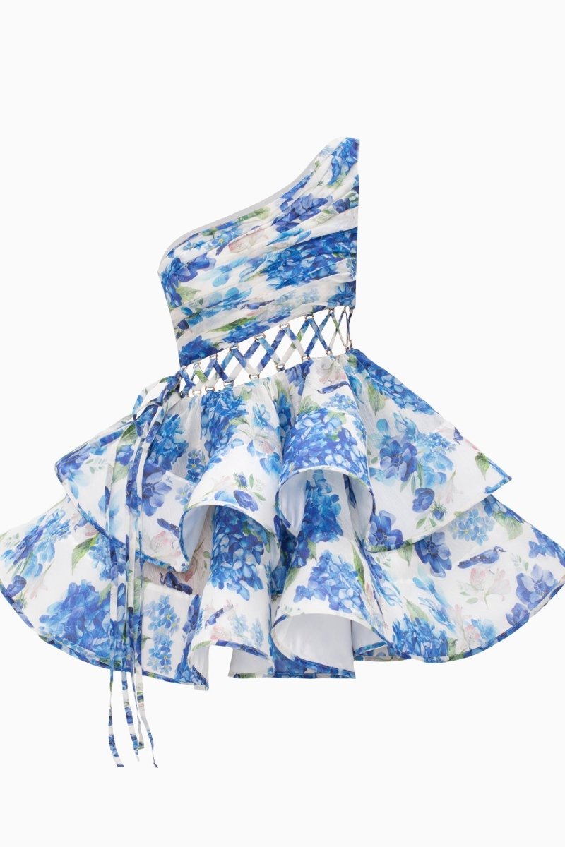 dresses - Andrea Floral Printed One - shoulder Mini Chiffon Dress - SD00708193389 - Blue - S - Sunfere