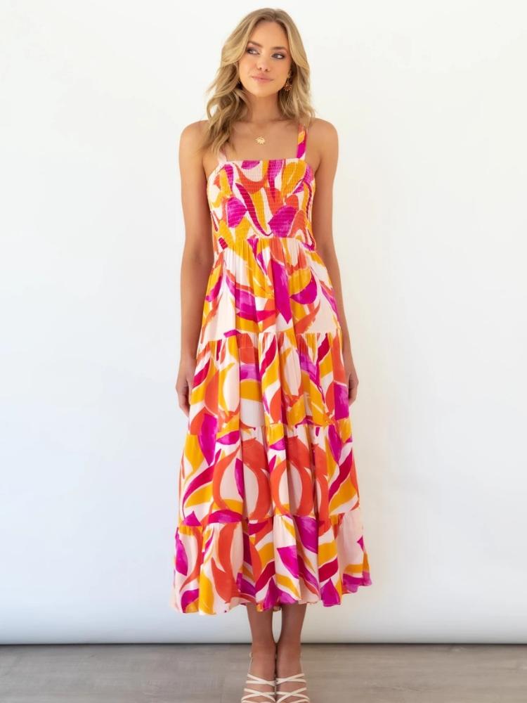 Andrea Printed Shirred Bodice Tiered Maxi Sundress