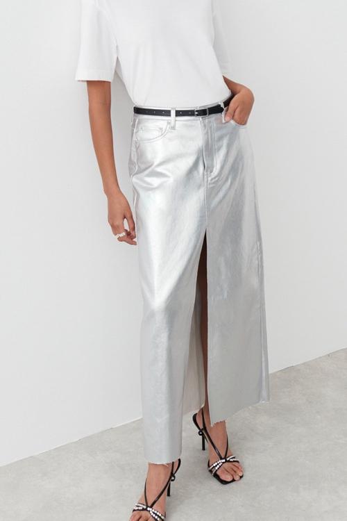 Andrey Metallic Midi Slit Skirt-Sunfere