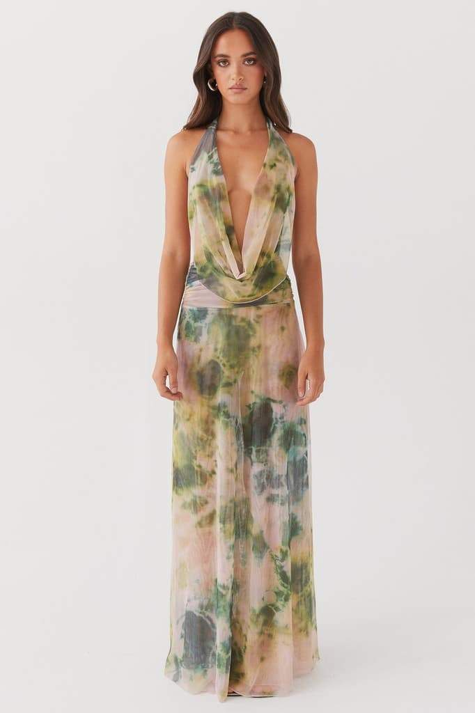 dresses-Antonia Printed Halterneck Maxi Dress-SD00604022605-Green-S - Sunfere