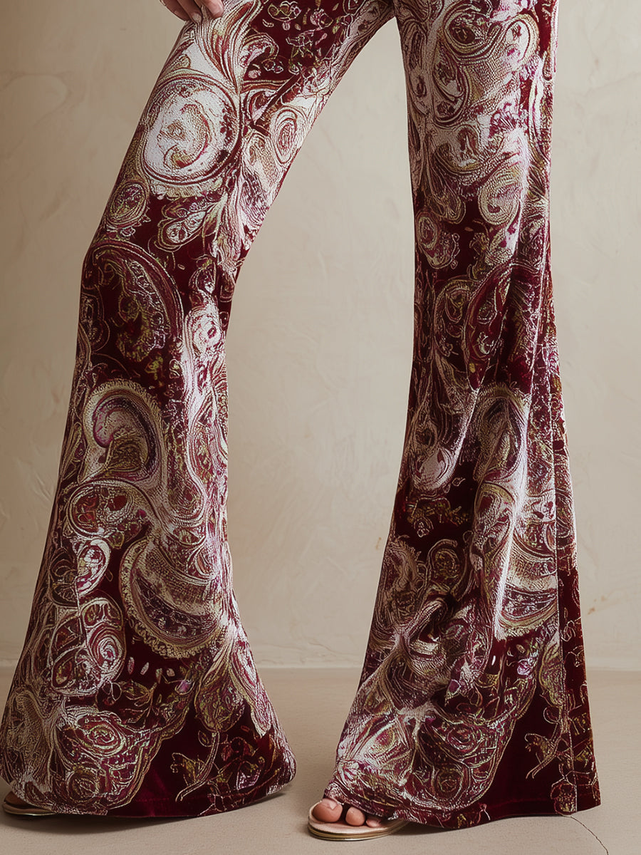 Vintage western bukser med paisleyprint i bordeaux fløjl, vidde i benene