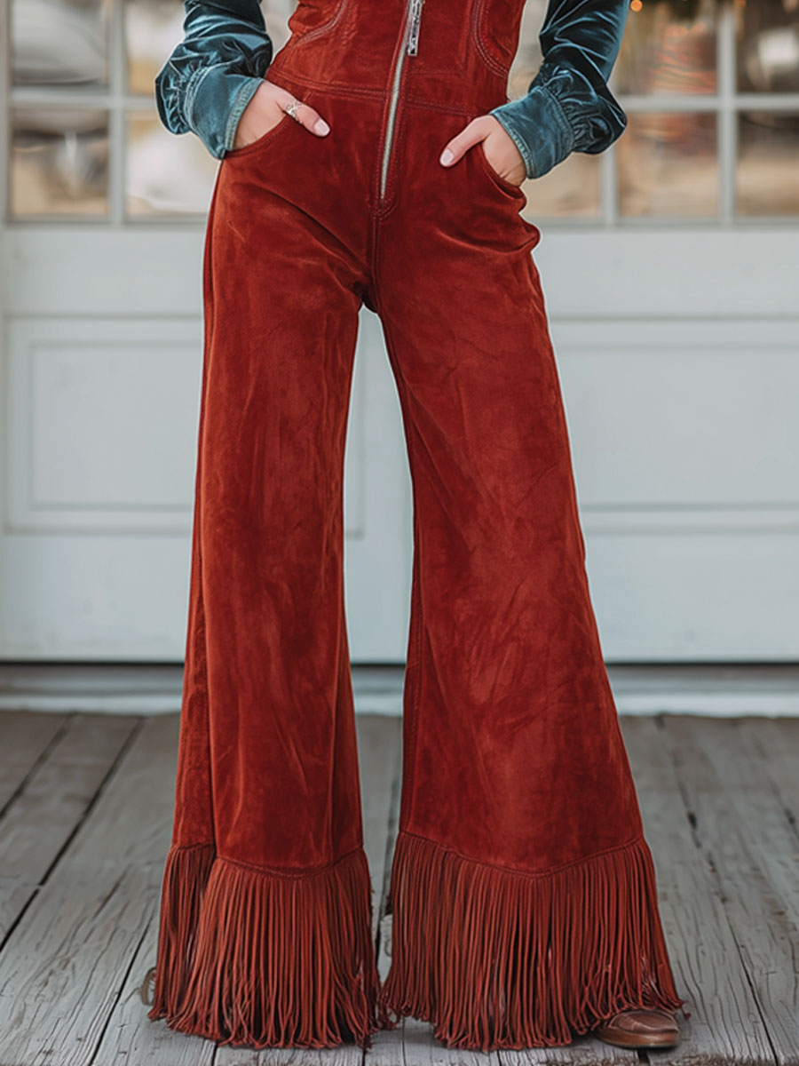Batı Retro V Yaka Fermuarlı Kırmızı Suni Süet Geniş Paça Püsküllü Tulum