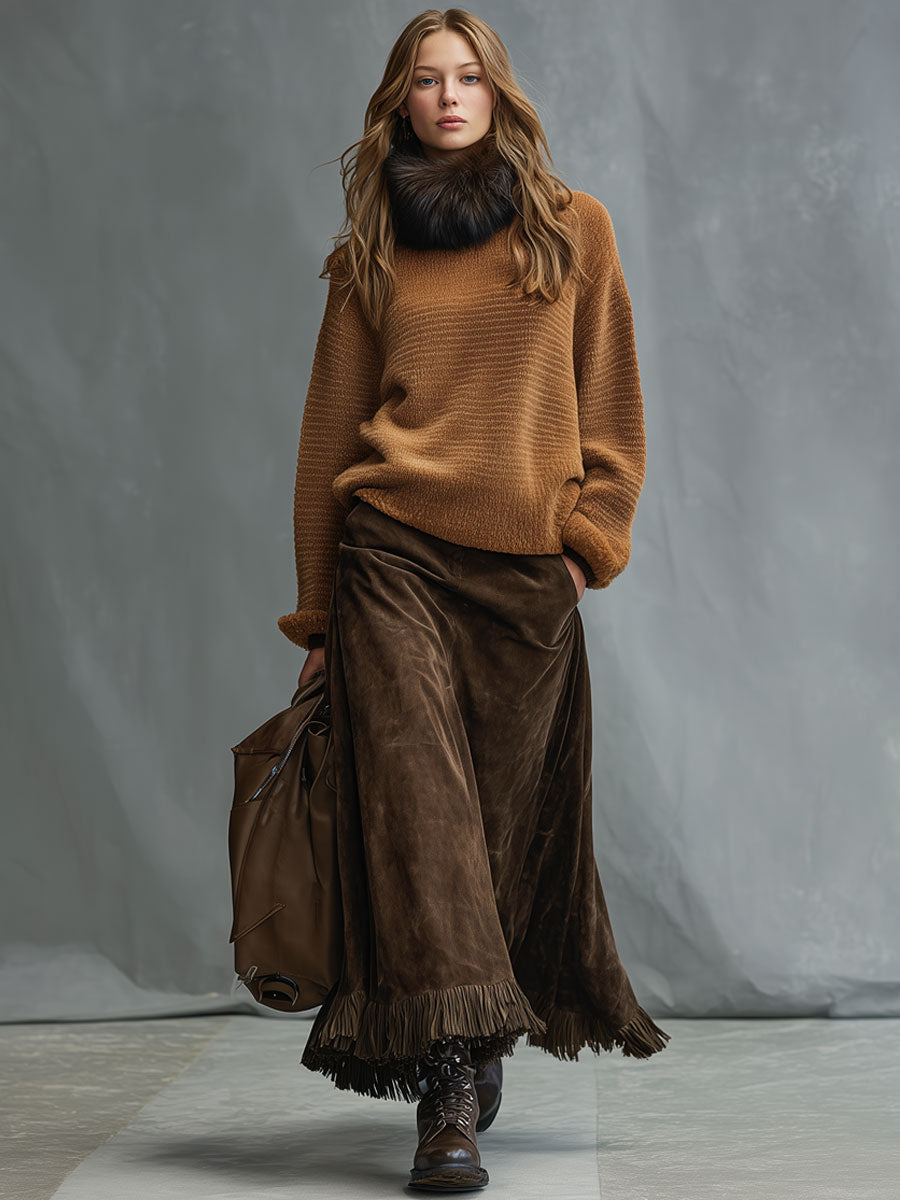 Casual vintage kakifarget skjørt i kunstmocka med dusk