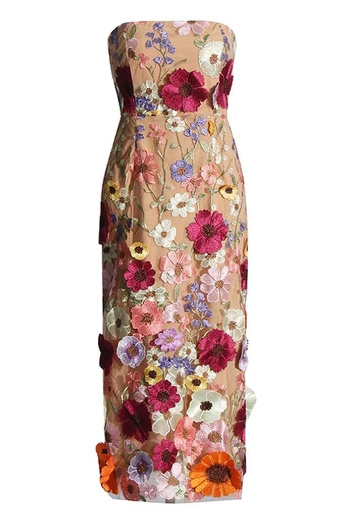 Robe mi-longue sans bretelles à fleurs brodées Belle