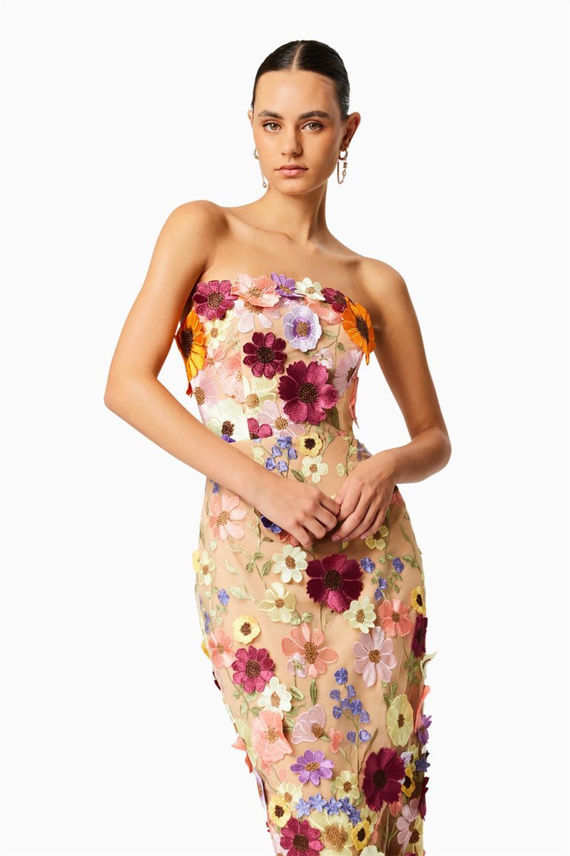 Vestido midi sem alças com bordado floral Belle