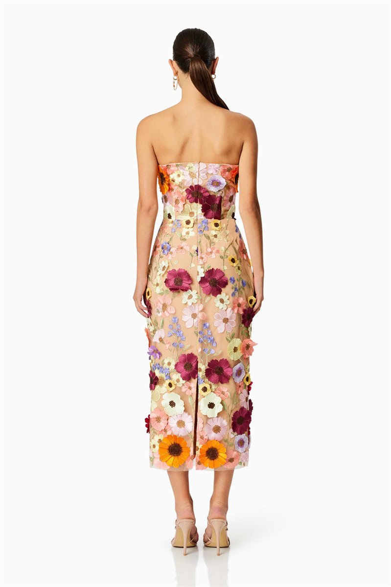 Vestido midi sin tirantes con flores bordadas Belle