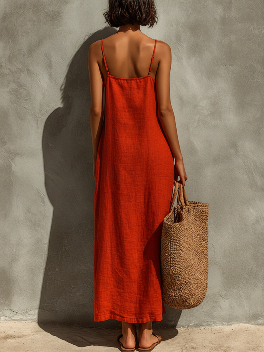 Vestido Vermelho de Algodão com Alças Finas e Decote Quadrado