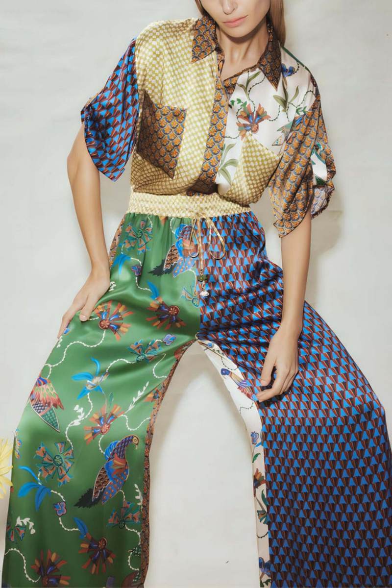 Special Folk Print Loose Wide Leg Pants-Set