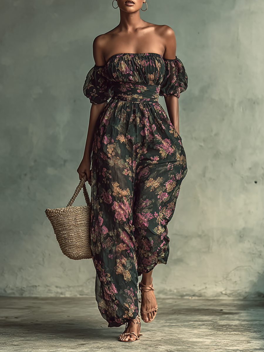 Dame Chiffon Blomstermønstret Bandeau Kortermet Jumpsuit med Midje