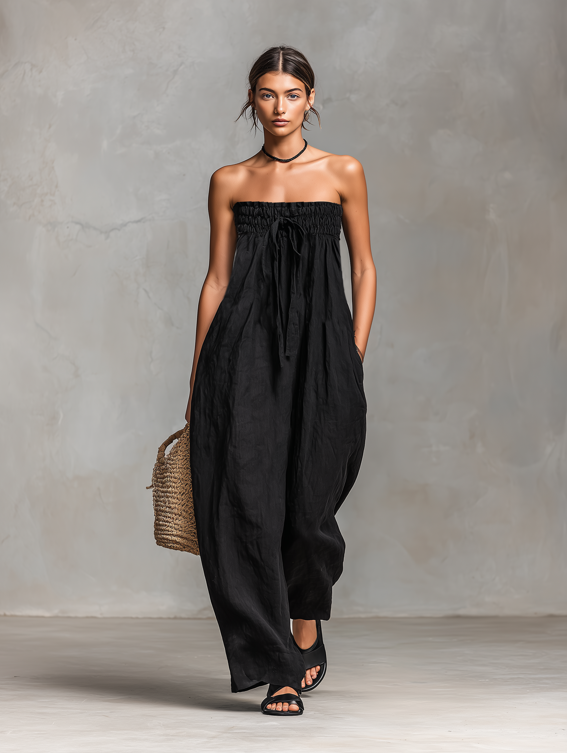 Locker geschnidden Jumpsuit ouni Träger aus Leinen-Mëschung mat Bindung