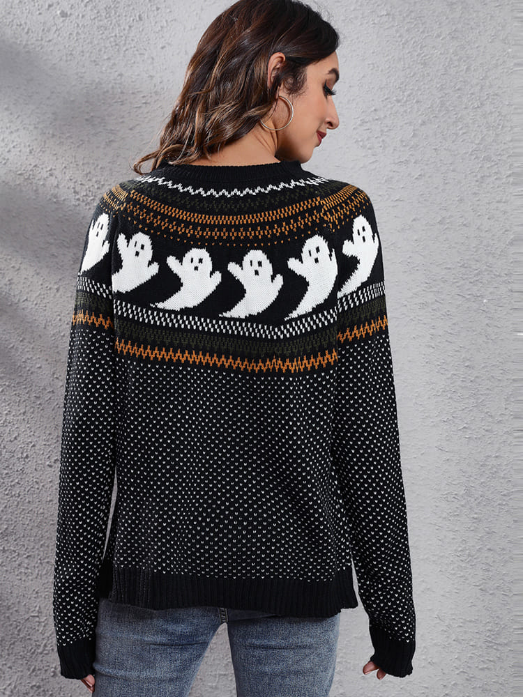 Literary Retro Ghost Pattern  Round Neck Knitted Sweater