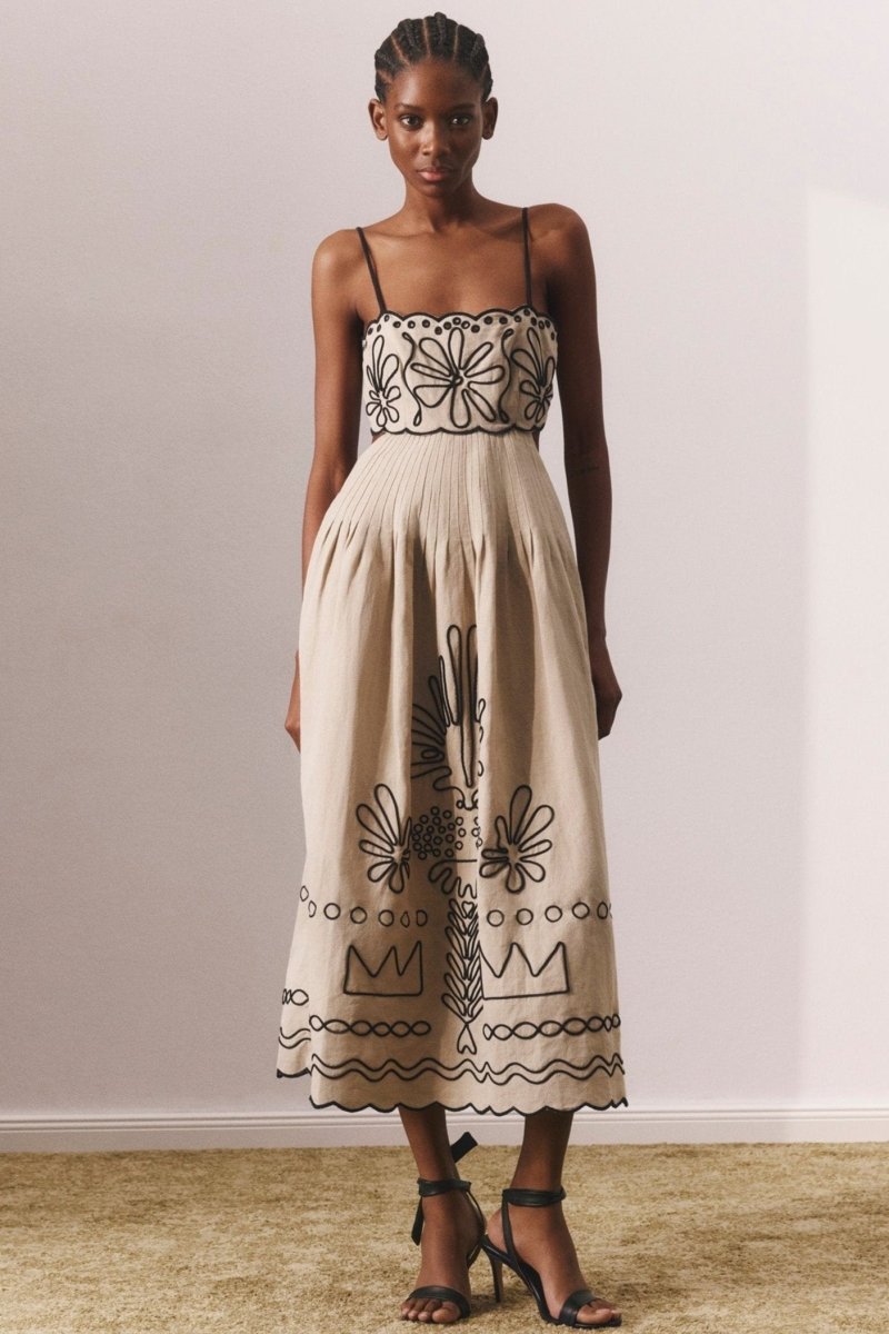 dresses - Caroline Abstract Embroidery Cotton Midi Dress - SD00708093331 - Beige - S - Sunfere