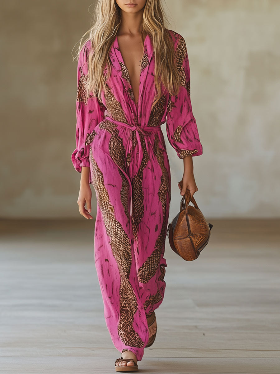 Casual løs langermet jumpsuit i roserødt chiffon med leopardmønster