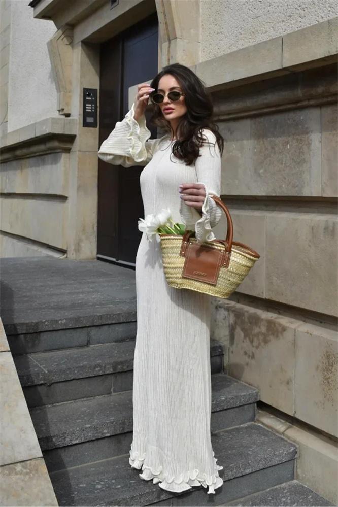 dresses - Clara Ruffle Long Sleeve Knit Maxi Dress - SD00708013270 - Beige - S - Sunfere