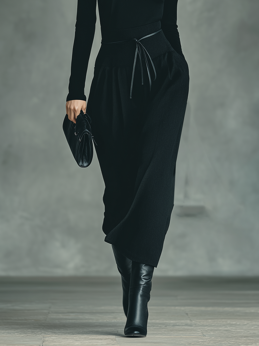 Completo donna nero con top in maglia elasticizzata e gonna in misto cotone