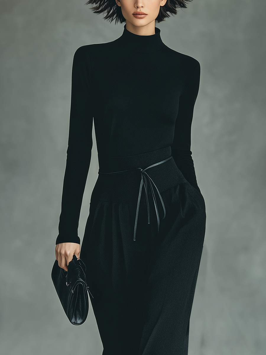 Completo donna nero con top in maglia elasticizzata e gonna in misto cotone