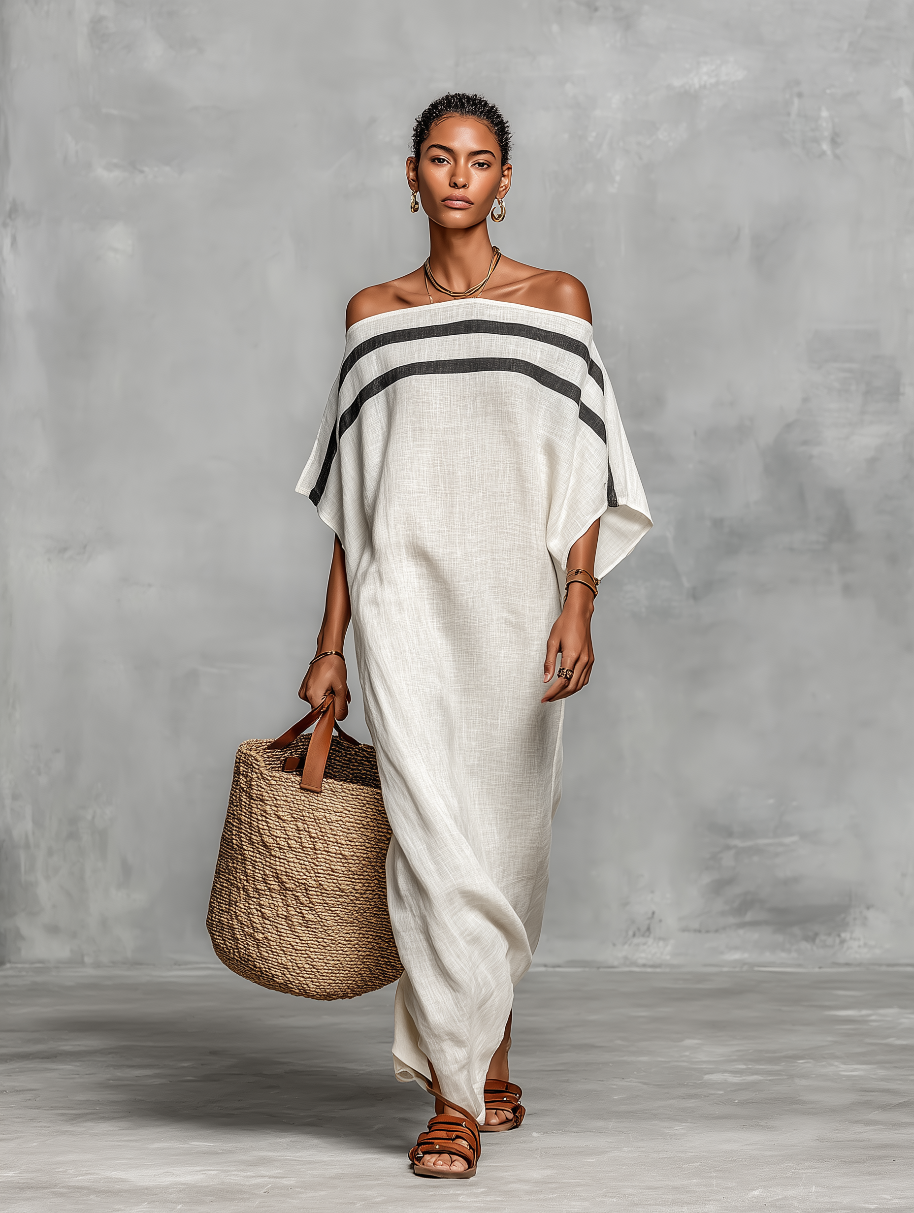 Minimalistescht Maxi-Kleed aus Leinen-Mëschung mat off-Shoulder-Fledermausärmeln