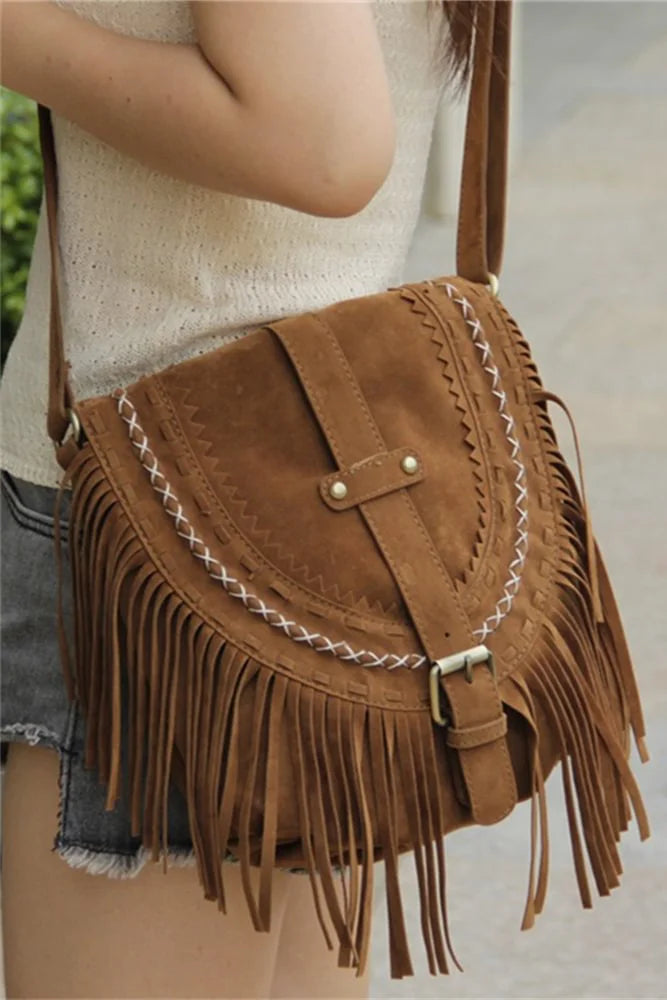 Borsa a tracolla con frange in stile cowboy western marrone