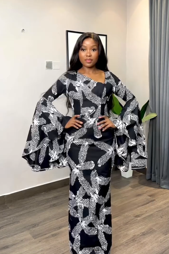 Black-White Feather Bell-Sleeve Maxi Dress