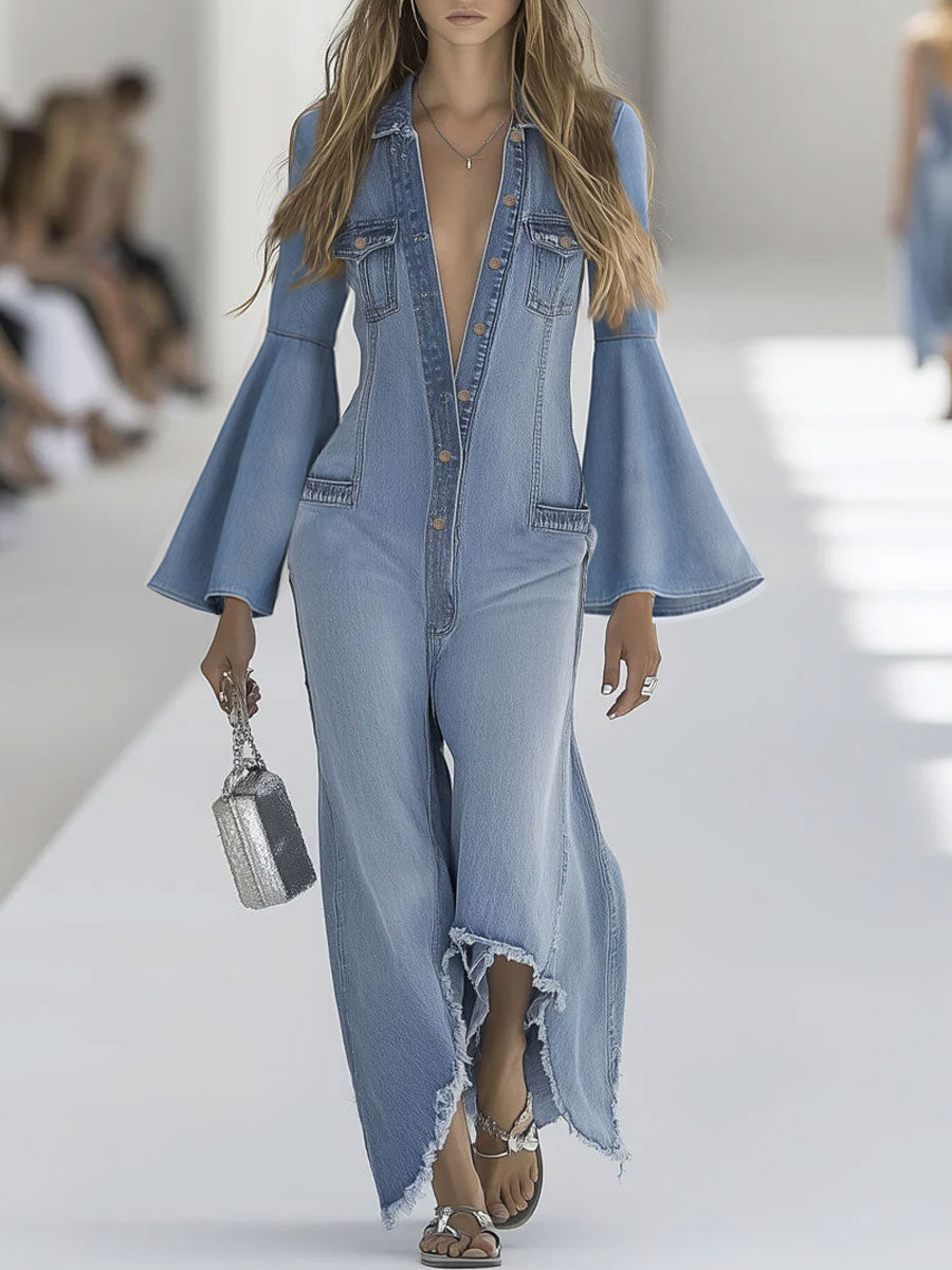 Casual retro lys blå denim vid buksedrakt med lange ermer og rå kanter