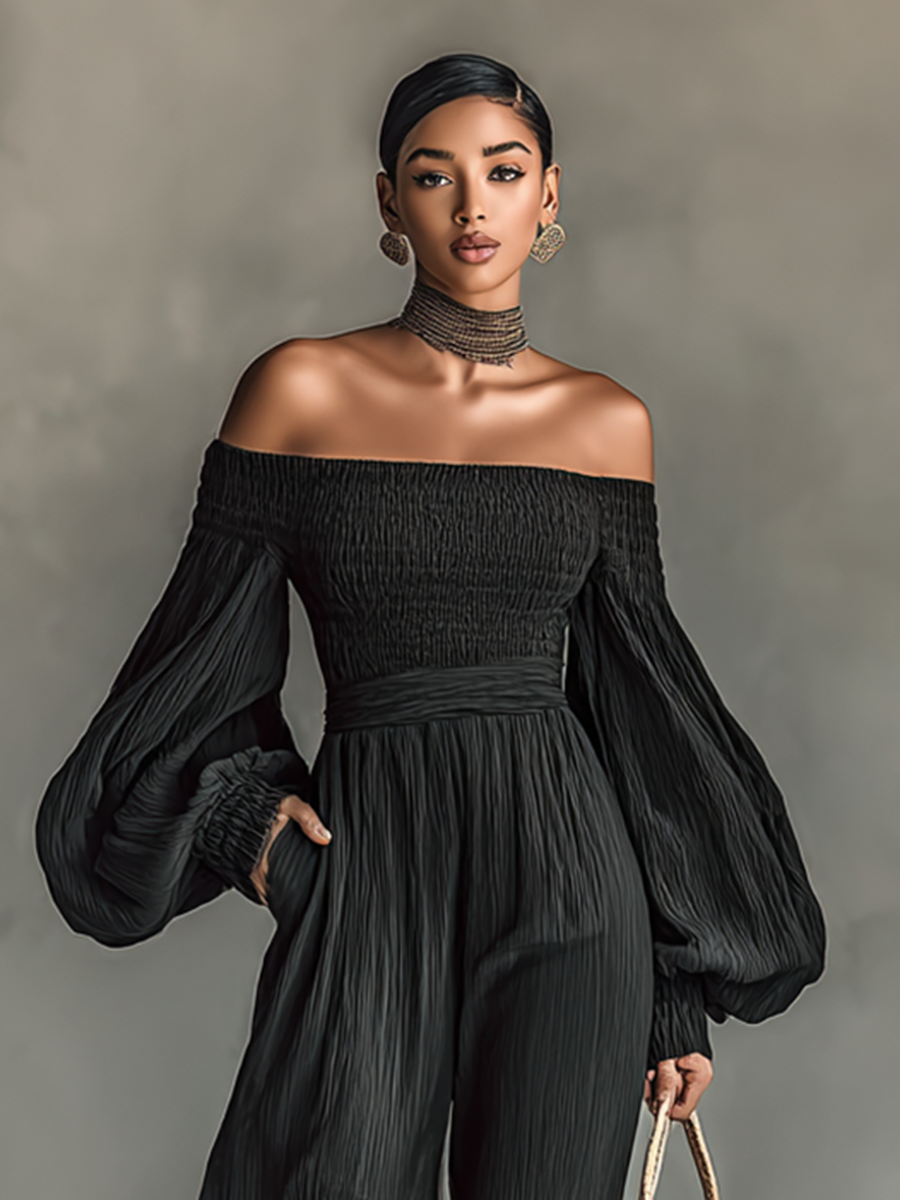 Dame jumpsuit med lange ermer, plissért stoff og av skuldrene design