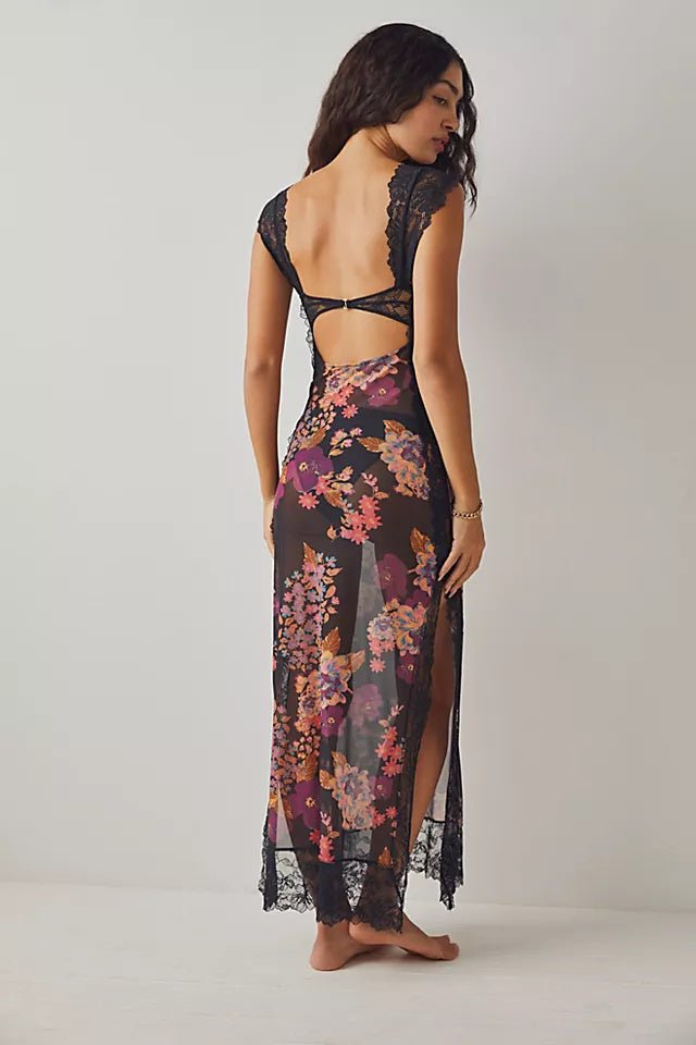 Elma Floral Printed Cut-out Mesh Maxi Slip Dress-Sunfere