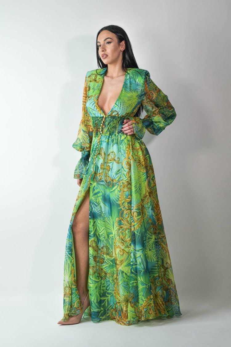 Eve Tropical Patterned V-nevk Maxi Dress-Sunfere