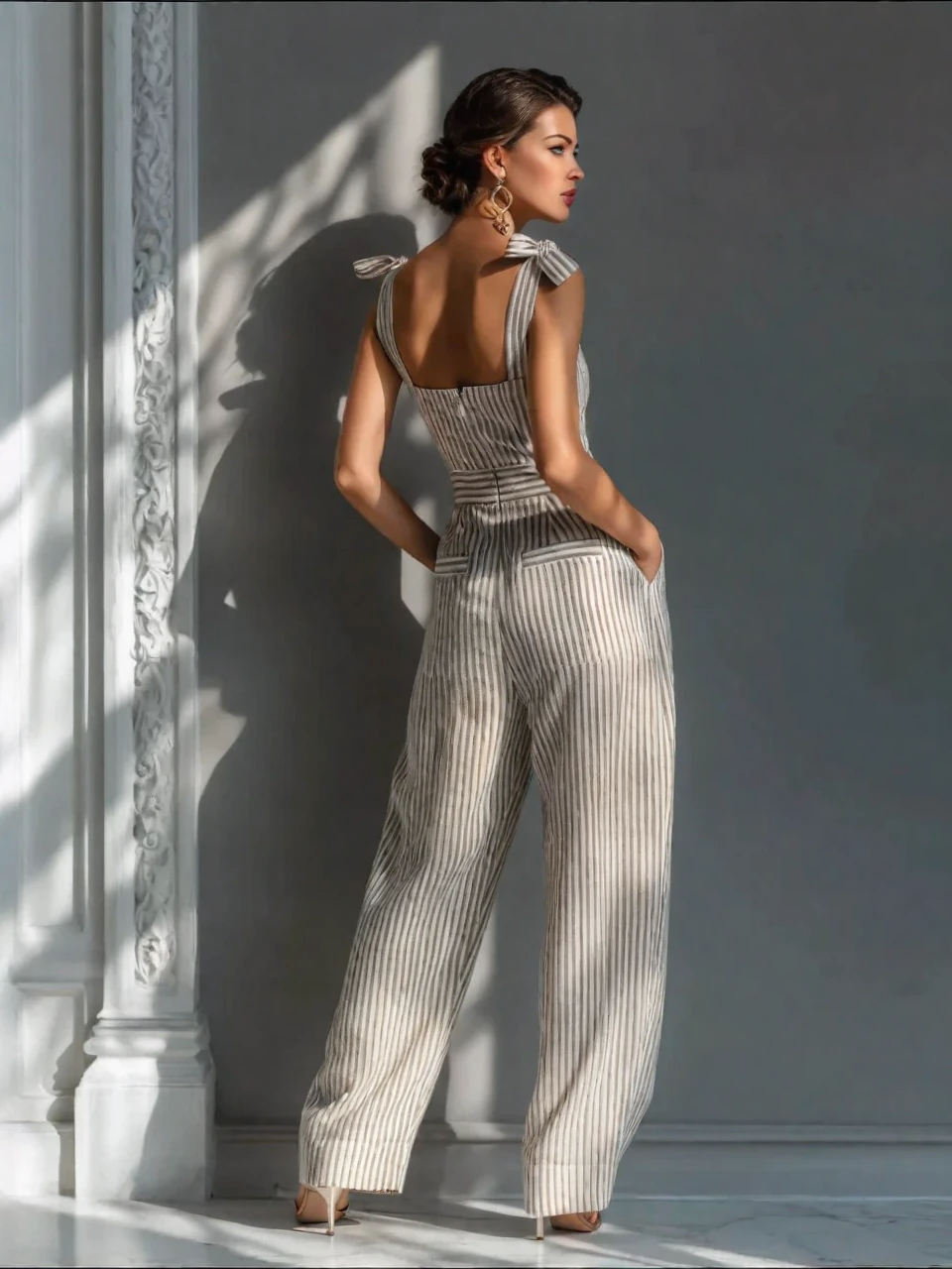 Beige stripete jumpsuit i linblanding med knytebånd på skuldrene og vide ben