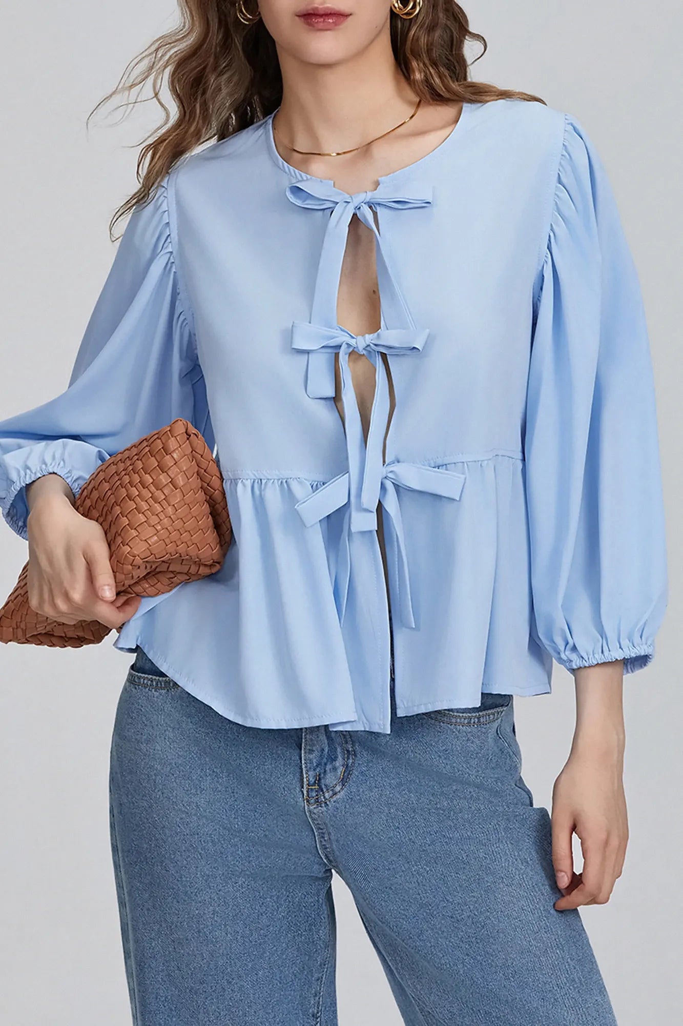 Puff Sleeve Peplum Sløyfe Bluse Topp