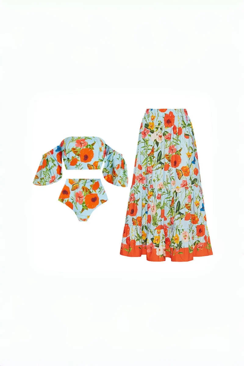 Floral Puff Sleeve High-Waist Bikini Set